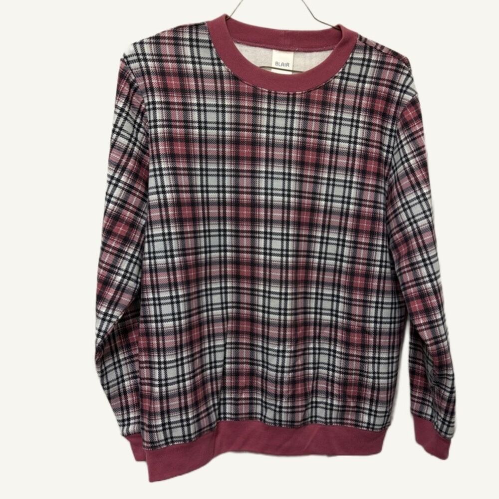 Blair Women's Pink Plaid Pullover Sweatshirt - Cotton Blend Size L